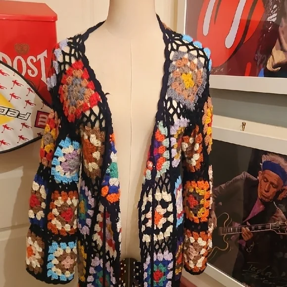 Colorful Crochet Open-Front Long Maxi Hand Crafted Cardigan - Picture 10 of 10